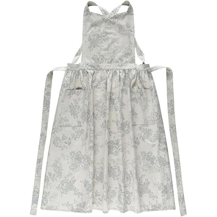 Floral Apron – Cotton Linen, Long-Length, Waterproof, H-Back Design with Pockets