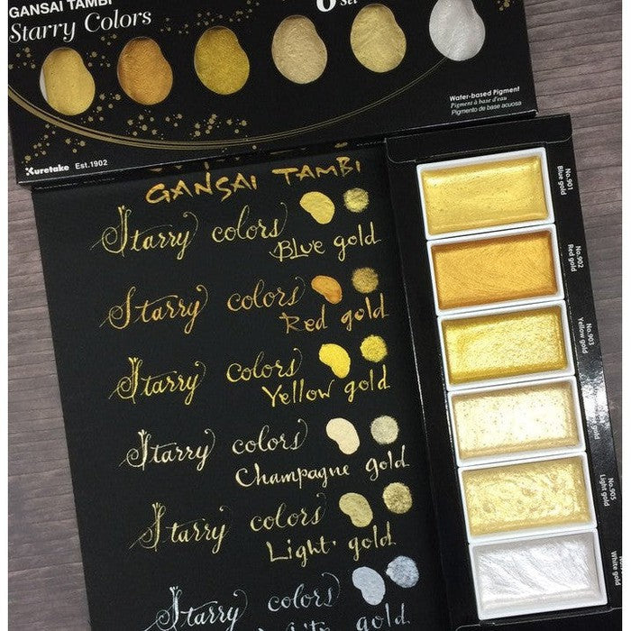 Kuretake Gansai Tambi Starry Colors Watercolor Set – 6 Gold-Based Metallic Colors