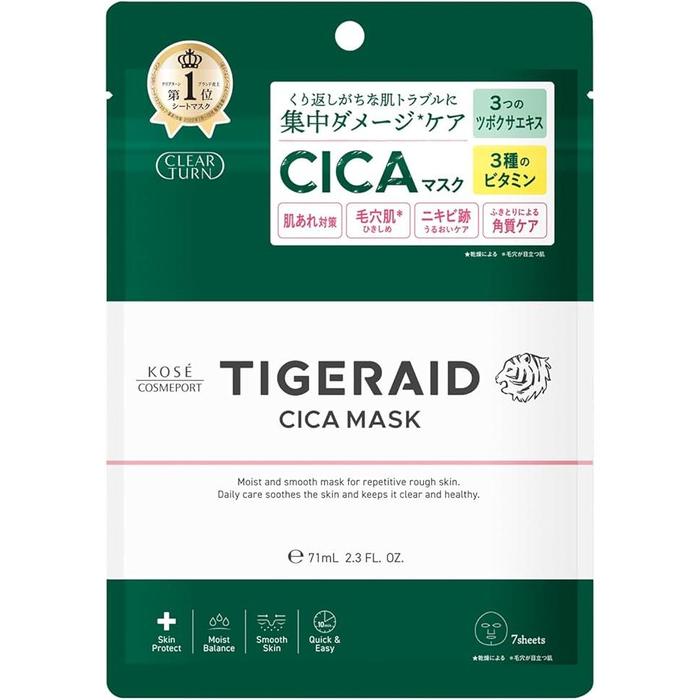 KOSE Clear Turn TigerAid CICA Repair Mask (7 Sheets) – Intensive Soothing & Damage Care with CICA and Vitamins [Alcohol-free]
