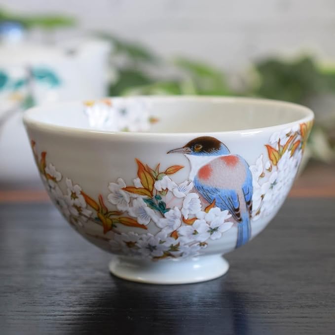 Kutani Ware Rice Bowl – Waza no Kura Mountain Cherry Blossoms & Birds, Japanese Porcelain, Gift Box