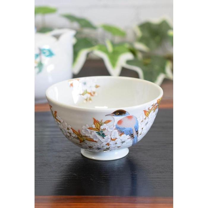 Kutani Ware Rice Bowl – Waza no Kura Mountain Cherry Blossoms & Birds, Japanese Porcelain, Gift Box