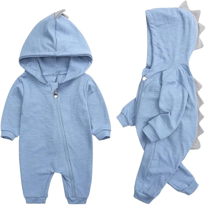 MarineBlue Dinosaur Baby Romper – Long Sleeve Cotton Coverall (Unisex, 60–90 cm)