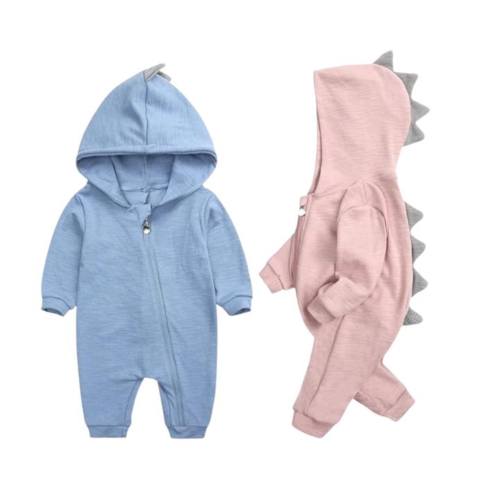 MarineBlue Dinosaur Baby Romper – Long Sleeve Cotton Coverall (Unisex, 60–90 cm)