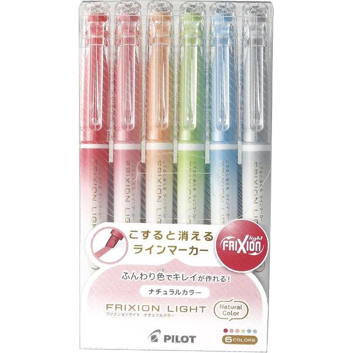 Pilot FriXion Light Erasable Highlighter 6-Color Set – Natural Shades, Heat Erasable Ink