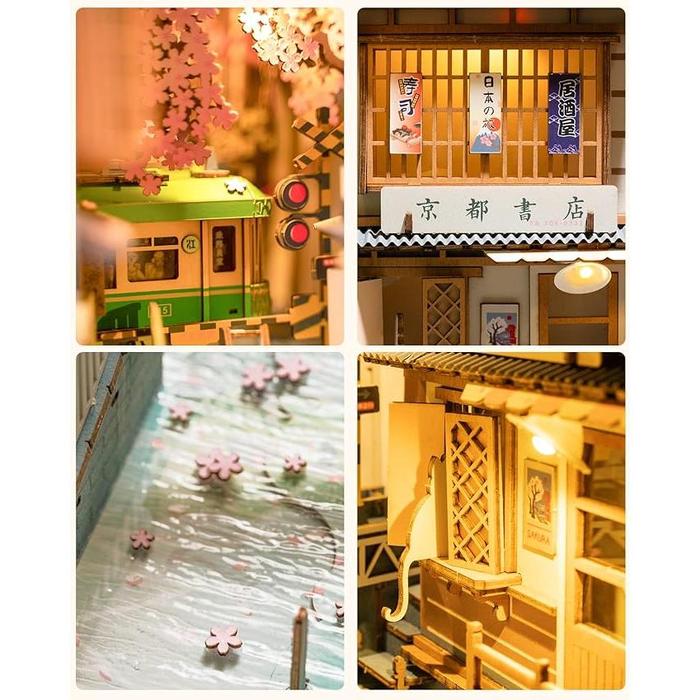 ROBOTIME DIY Book Nook Kit with LED – Cherry Blossom Station (3D Wooden Puzzle Miniature House)