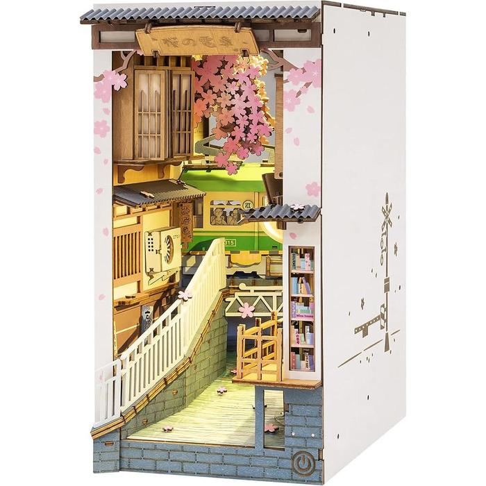 ROBOTIME DIY Book Nook Kit with LED – Cherry Blossom Station (3D Wooden Puzzle Miniature House)