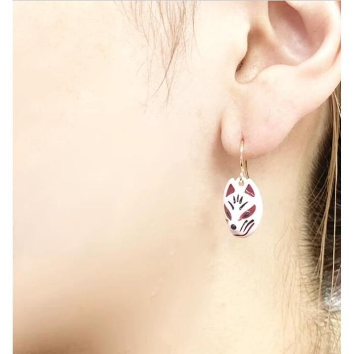 Fox Mask & Torii Gate Earrings – Japanese Asymmetrical Shrine Motif Jewelry (Made in Japan)