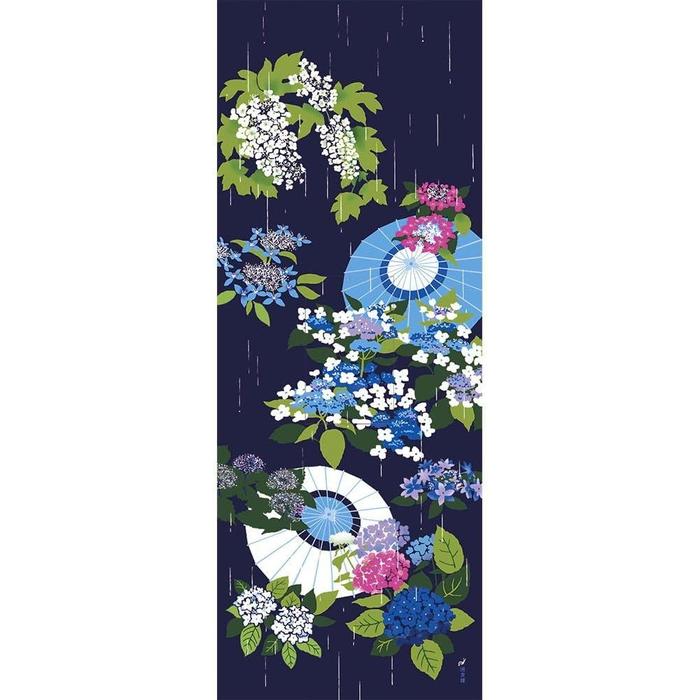 Tenugui towel with Hamamonyou (Hydrangeas in May Rain) - (100% cotton)