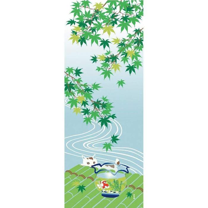 Tenugui towel with Hamamonyou (Momiji and Goldfish Bowl) - (100% cotton)