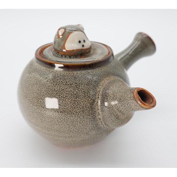 VINTAGE Japanese Ceramic Kyusu Teapot with Cute Tanuki-Shaped Lid – Gray Speckled Glaze