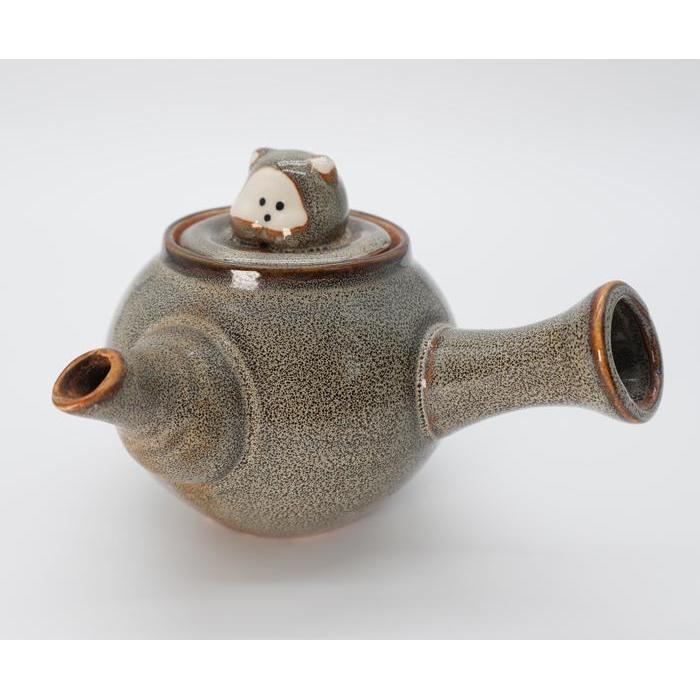 VINTAGE Japanese Ceramic Kyusu Teapot with Cute Tanuki-Shaped Lid – Gray Speckled Glaze