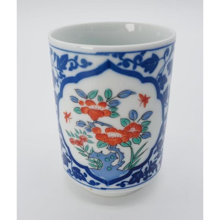 VINTAGE Japanese Porcelain Yunomi Tea Cup with Colorful Floral Pattern – Blue & White Kōzan Ware