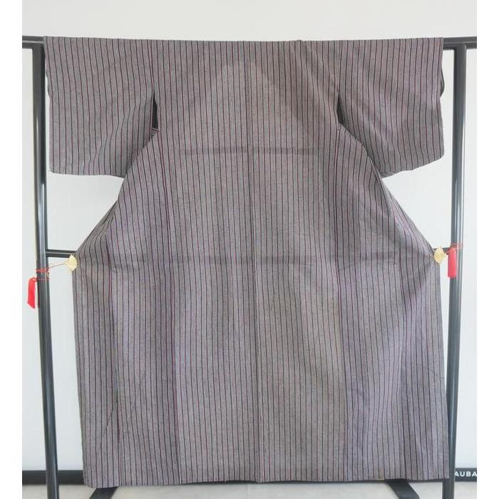 VINTAGE Kimono kosode Grey with burgundy stripes For Height 150-160cm (maximum height for those who don't require an ohashori)