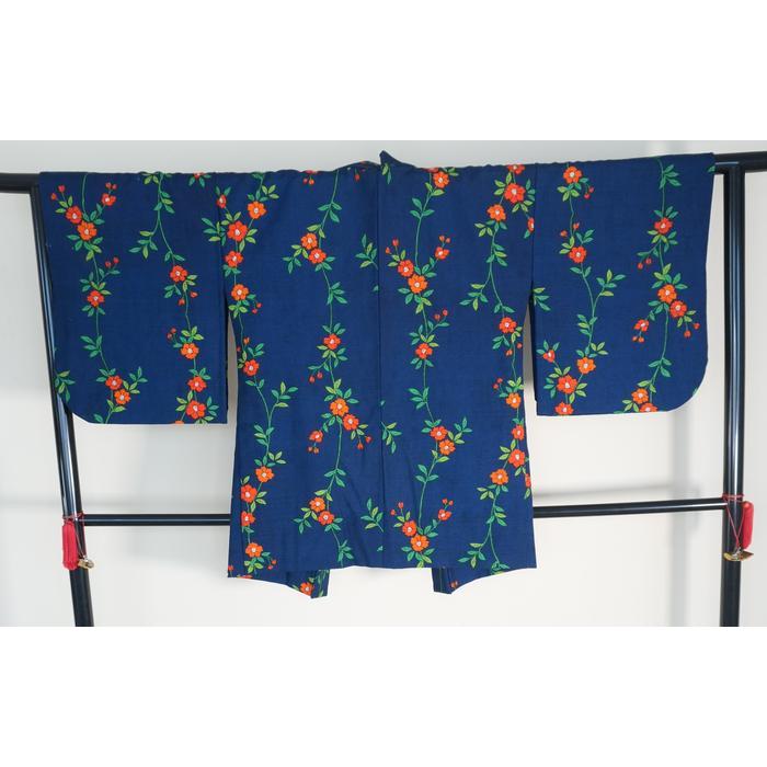 VINTAGE Navy Blue Haori with Orange Floral Pattern