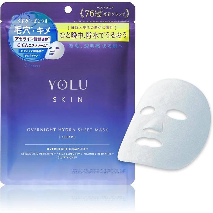 YOLU Skin Overnight Hydra Sheet Mask Clear – Brightening Night Face Mask with Arbutin,Vitamin C, CICA,Glutathione [Alcohol-free]