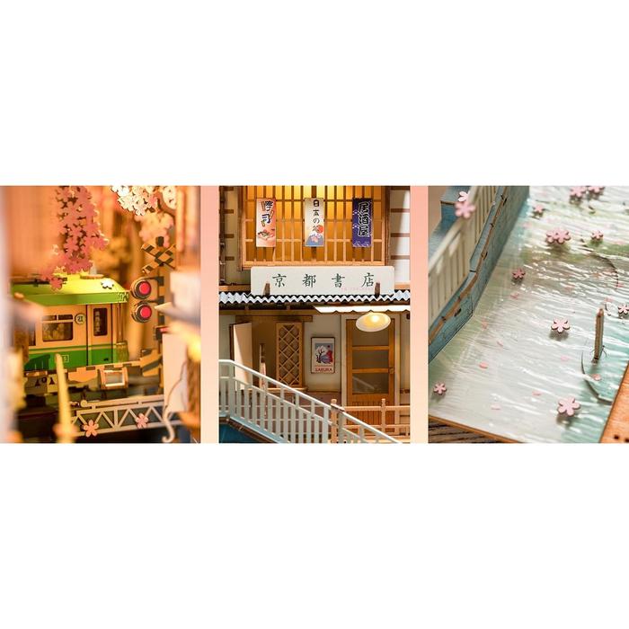 ROBOTIME DIY Book Nook Kit with LED – Cherry Blossom Station (3D Wooden Puzzle Miniature House)