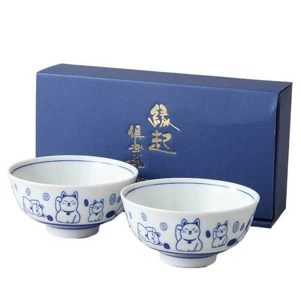 Set of 2 indigo rice bowls with a lucky cat motif