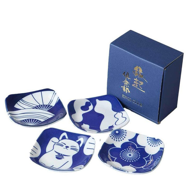 A set of 4 square indigo plates with a lucky cat motif