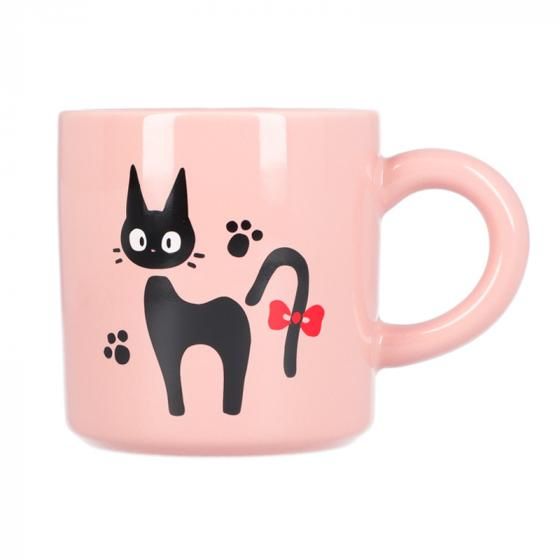 Adorable, pink mug with a motif of Jiji the cat (Kiki's Delivery Service)